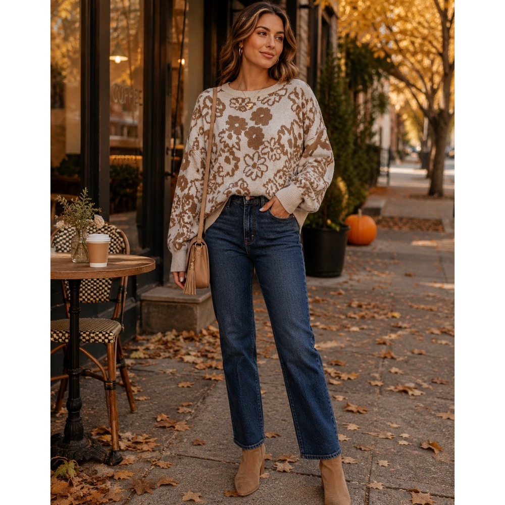 Altar'd State Women M Floral Sweater Women Cream Brown Cottagecore Cozy Knit